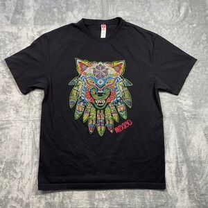 Mens Black Graphic T Shirt Mexico Colorful Wolf Design Comfort Cotton Size L